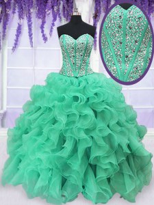 Turquoise Lace Up Sweet 16 Dress Beading and Ruffles Sleeveless Floor Length