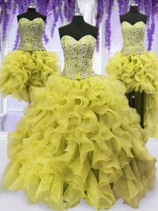 Custom Fit Four Piece Sleeveless Floor Length Beading and Ruffles Lace Up Sweet 16 Quinceanera Dress with Light Yellow