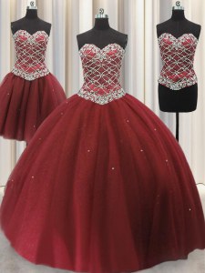Three Piece Burgundy Quinceanera Gowns Military Ball and Sweet 16 and Quinceanera and For with Beading and Sequins Sweetheart Sleeveless Lace Up