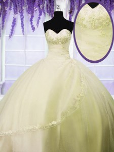 Light Yellow Lace Up Sweetheart Appliques Quinceanera Gowns Tulle Sleeveless