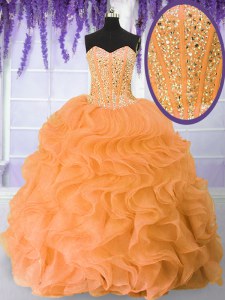 Floor Length Orange Quinceanera Dress Organza Sleeveless Beading and Ruffles