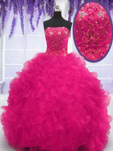 Designer Fuchsia Ball Gowns Strapless Sleeveless Organza With Brush Train Lace Up Beading and Ruffles Quinceanera Dress