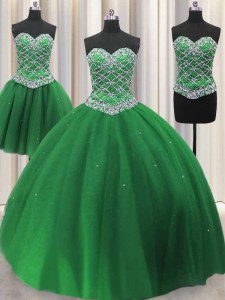 Three Piece Green Tulle Lace Up Ball Gown Prom Dress Sleeveless Floor Length Beading and Sequins
