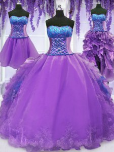 Noble Four Piece Lavender Strapless Neckline Embroidery and Ruffles Quinceanera Gowns Sleeveless Lace Up
