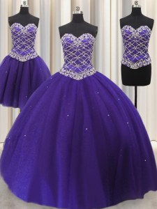 Best Selling Three Piece Purple Sleeveless Floor Length Beading and Sequins Lace Up Sweet 16 Quinceanera Dress