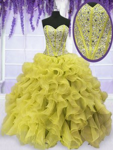 Beading and Ruffles 15th Birthday Dress Gold Lace Up Sleeveless Floor Length
