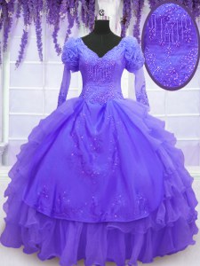 High Class Purple Long Sleeves Organza Lace Up Quinceanera Dresses for Military Ball and Sweet 16 and Quinceanera