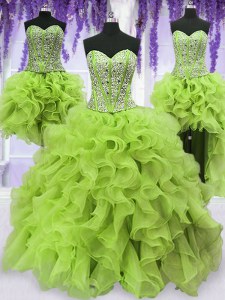 Eye-catching Four Piece Yellow Green Lace Up Quince Ball Gowns Beading and Ruffles Sleeveless Floor Length