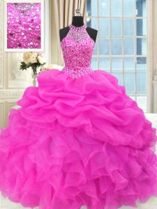 Hot Pink Lace Up Sweet 16 Dresses Beading and Pick Ups Sleeveless Floor Length