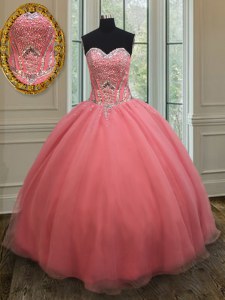 Chic Watermelon Red Ball Gowns Sweetheart Sleeveless Organza Floor Length Lace Up Beading and Belt 15th Birthday Dress