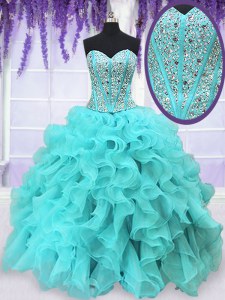 Organza Sweetheart Sleeveless Lace Up Beading and Ruffles Quinceanera Dresses in Aqua Blue