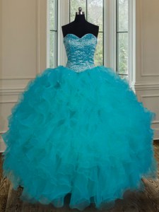Teal Tulle Lace Up Quinceanera Dress Sleeveless Floor Length Beading and Ruffles