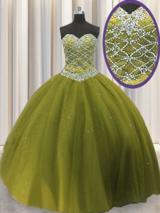Extravagant Olive Green Tulle Lace Up Sweetheart Sleeveless Floor Length Quinceanera Gown Beading