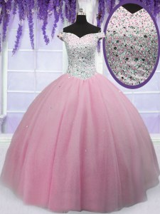 Beauteous Off the Shoulder Short Sleeves Tulle Floor Length Lace Up Sweet 16 Dress in Baby Pink with Beading