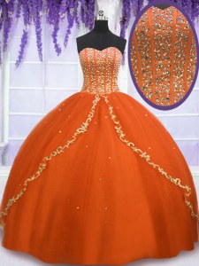 Cheap Floor Length Orange Red Quince Ball Gowns Sweetheart Sleeveless Lace Up