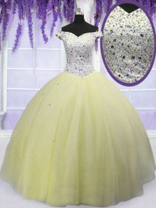 Classical Light Yellow Sweet 16 Dress Military Ball and Sweet 16 and Quinceanera and For with Beading Off The Shoulder Short Sleeves Lace Up