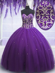 Enchanting Eggplant Purple Tulle Lace Up Sweetheart Sleeveless Floor Length Quinceanera Dress Beading