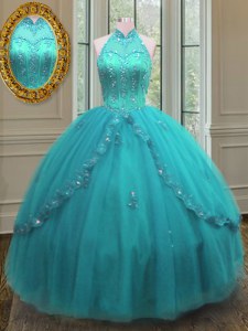 High-neck Sleeveless Sweet 16 Quinceanera Dress Floor Length Beading and Appliques Aqua Blue Tulle