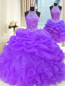 Modern Three Piece Sleeveless Beading and Pick Ups Lace Up 15 Quinceanera Dress