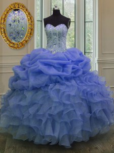 Blue Lace Up Sweetheart Beading and Pick Ups 15 Quinceanera Dress Organza Sleeveless