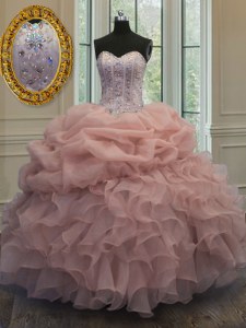 Superior Sweetheart Sleeveless Quinceanera Dresses Floor Length Beading and Pick Ups Baby Pink Organza
