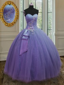 Ideal Sweetheart Sleeveless Sweet 16 Quinceanera Dress Floor Length Beading and Ruching and Bowknot Lavender Tulle and Sequined