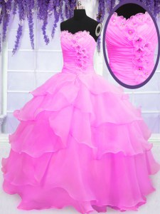 Sweetheart Sleeveless Ball Gown Prom Dress Floor Length Beading and Ruffled Layers Hot Pink Organza