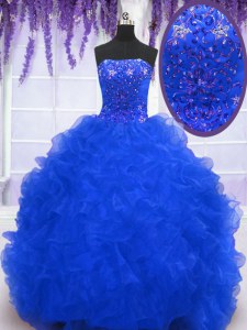 Royal Blue Ball Gown Prom Dress Military Ball and Sweet 16 and Quinceanera and For with Beading and Ruffles Strapless Sleeveless Brush Train Lace Up