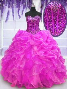 Stunning Fuchsia Sweetheart Neckline Beading and Ruffles Ball Gown Prom Dress Sleeveless Lace Up