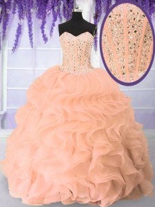 Pink Sleeveless Floor Length Beading and Ruffles Lace Up Sweet 16 Quinceanera Dress