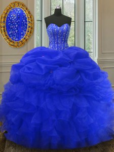 Royal Blue Organza Lace Up Quinceanera Gown Sleeveless Floor Length Beading and Ruffles and Pick Ups