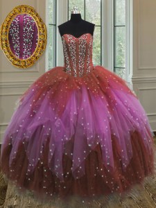 Free and Easy Sweetheart Sleeveless Tulle Sweet 16 Quinceanera Dress Beading and Ruffles and Sequins Lace Up