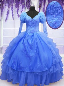 One Shoulder Blue Long Sleeves Beading and Embroidery and Hand Made Flower Floor Length Sweet 16 Dress