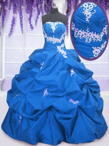 Nice Floor Length Blue Ball Gown Prom Dress Taffeta Sleeveless Appliques and Pick Ups