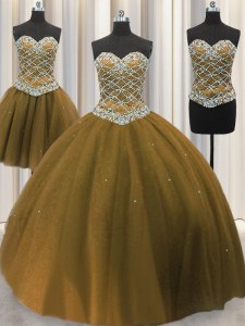 High Class Three Piece Sleeveless Floor Length Beading and Sequins Lace Up Vestidos de Quinceanera with Brown