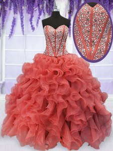Coral Red Sleeveless Floor Length Beading and Ruffles Lace Up Vestidos de Quinceanera