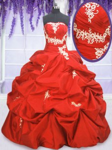 Coral Red Ball Gowns Taffeta Strapless Sleeveless Appliques and Ruching and Pick Ups Floor Length Lace Up Sweet 16 Dresses