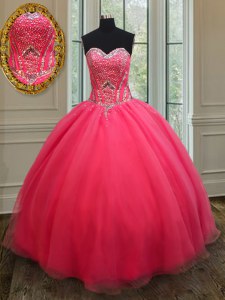 Designer Coral Red Sweetheart Lace Up Beading Sweet 16 Dress Sleeveless