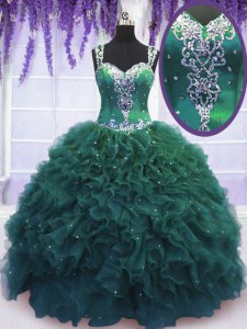 Elegant Straps Floor Length Ball Gowns Sleeveless Dark Green Quinceanera Gown Zipper