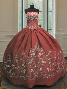 Artistic Rust Red Quince Ball Gowns Military Ball and Sweet 16 and Quinceanera and For with Embroidery Strapless Sleeveless Lace Up