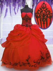 Traditional Strapless Sleeveless Sweet 16 Quinceanera Dress Floor Length Embroidery and Pick Ups Red Organza