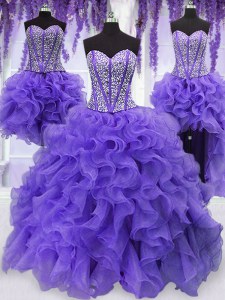 Four Piece Lavender Organza Lace Up Sweetheart Sleeveless Floor Length 15 Quinceanera Dress Embroidery and Ruffles and Ruffled Layers and Sashes ribbons