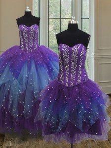 Three Piece Multi-color Lace Up Ball Gown Prom Dress Beading and Ruffles and Sequins Sleeveless Floor Length