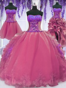 Four Piece Organza Sleeveless Floor Length Quinceanera Gown and Embroidery and Ruffles