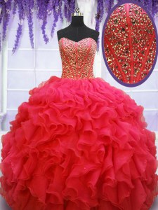 Coral Red Ball Gowns Sweetheart Sleeveless Organza Floor Length Lace Up Beading and Ruffles Sweet 16 Dress
