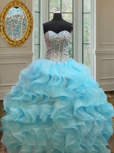 Beauteous Baby Blue Organza Lace Up Sweetheart Sleeveless Floor Length 15 Quinceanera Dress Beading and Ruffles