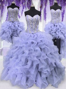 High End Four Piece Lavender Lace Up Sweetheart Ruffles and Sequins Sweet 16 Dresses Organza Sleeveless