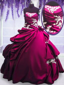 Low Price Sleeveless Taffeta Floor Length Lace Up Sweet 16 Dresses in Fuchsia with Embroidery and Pick Ups