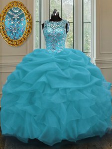 Baby Blue Ball Gowns Organza Scoop Sleeveless Beading and Pick Ups Floor Length Lace Up Ball Gown Prom Dress