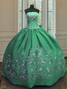 Modest Sleeveless Floor Length Embroidery Lace Up Sweet 16 Quinceanera Dress with Green